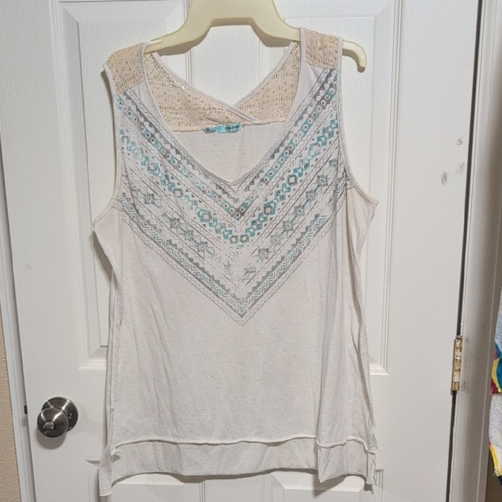 Maurices Cream and Blue Tank Top with Lace Accents
